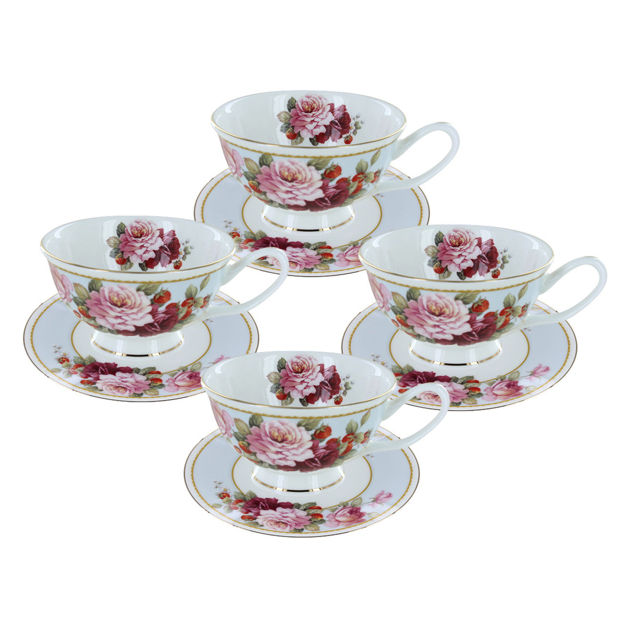 Peony and Strawberry Blue Bone China - Teacup and Saucer Set of 4