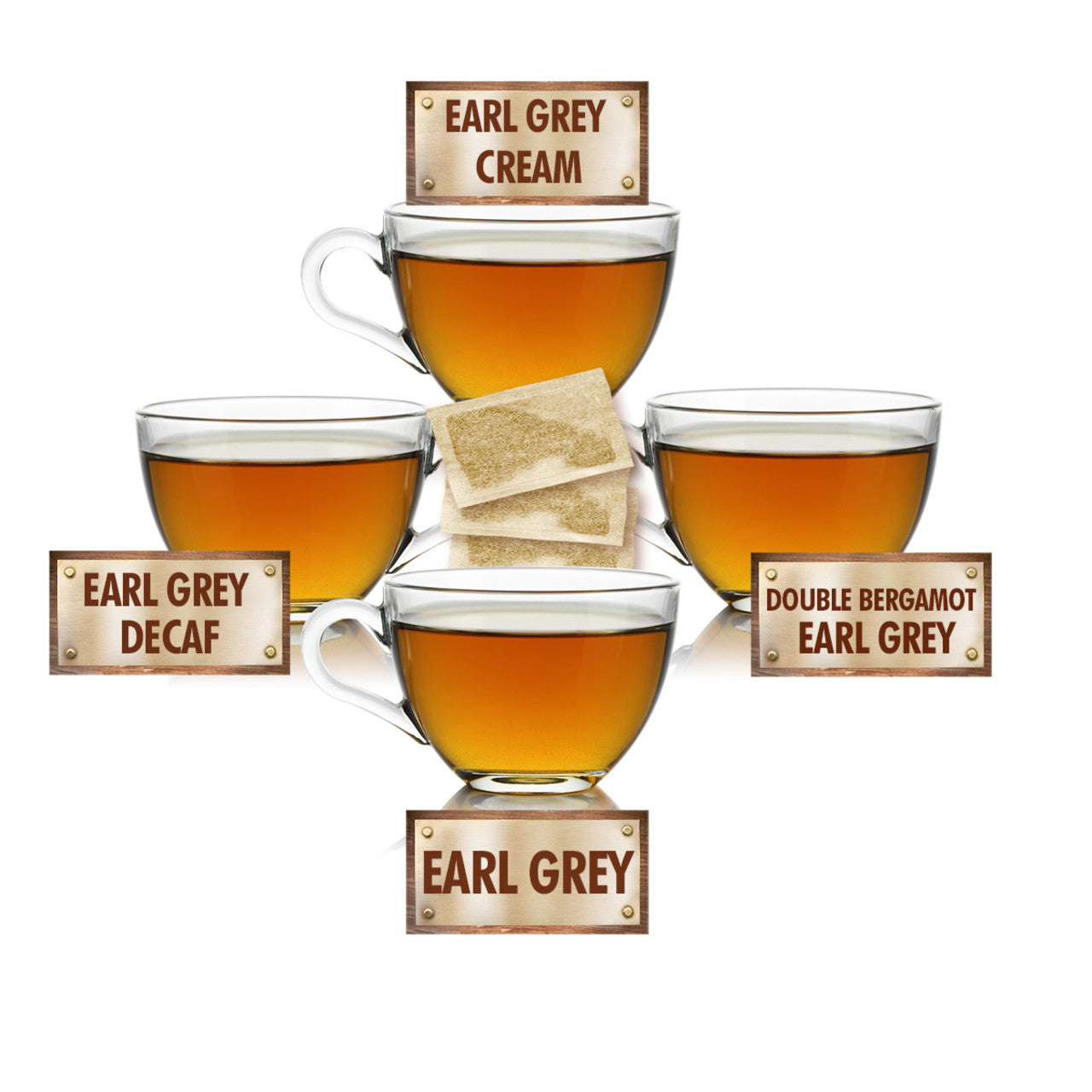 Four cups of Earl Grey tea with tea bags and signs indicating different varieties on a white background.