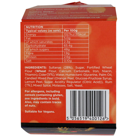 Back side of a red packaged Christmas pudding with white font listing ingredients and nutrition facts.