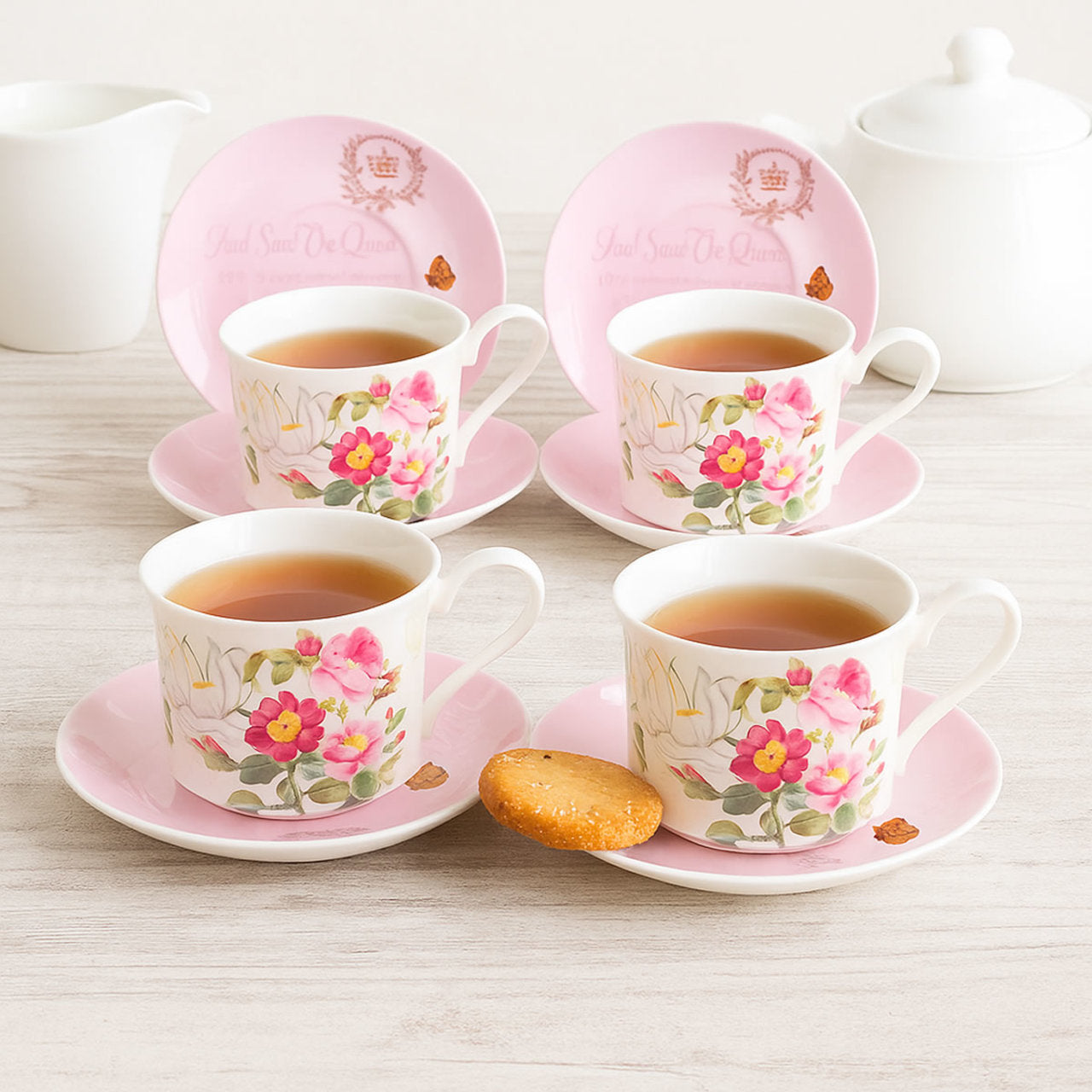 Botanical Pink Garden Porcelain - Set of 4 Tea Cup and Saucer