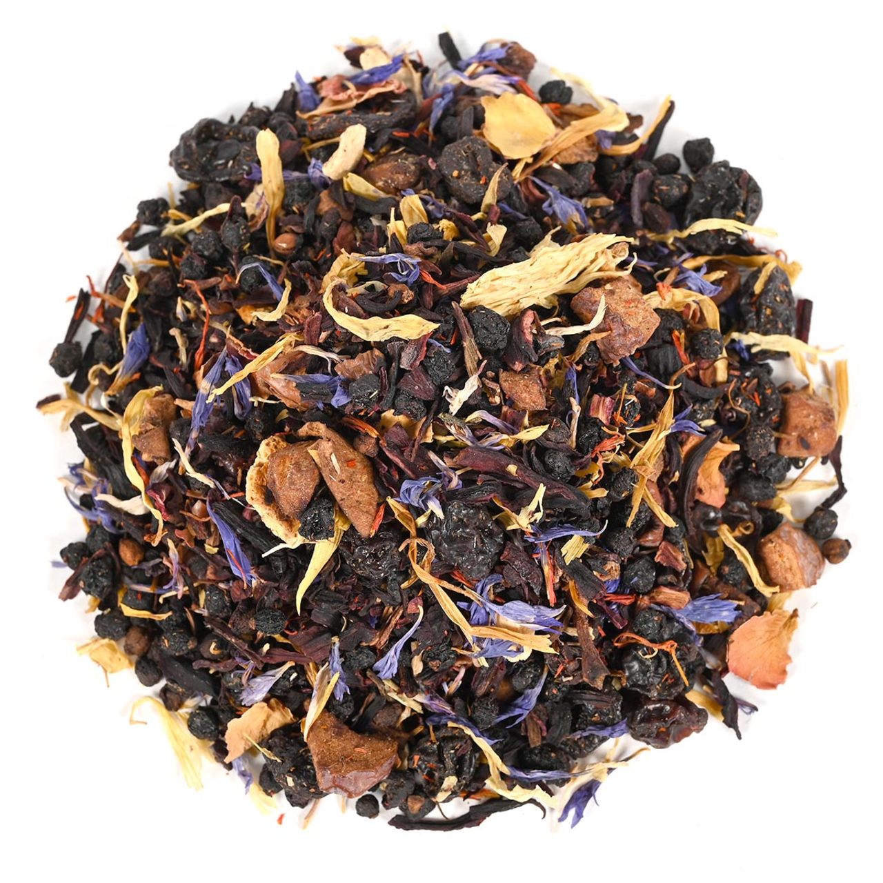 Assorted dried tea leaves with blue and yellow petals and dried fruit pieces on a white background