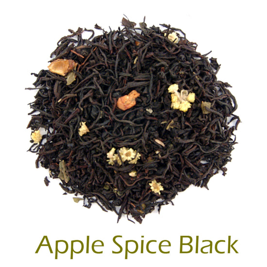 Apple Spice Black loose-leaf tea on a white background with product title text callout at bottom