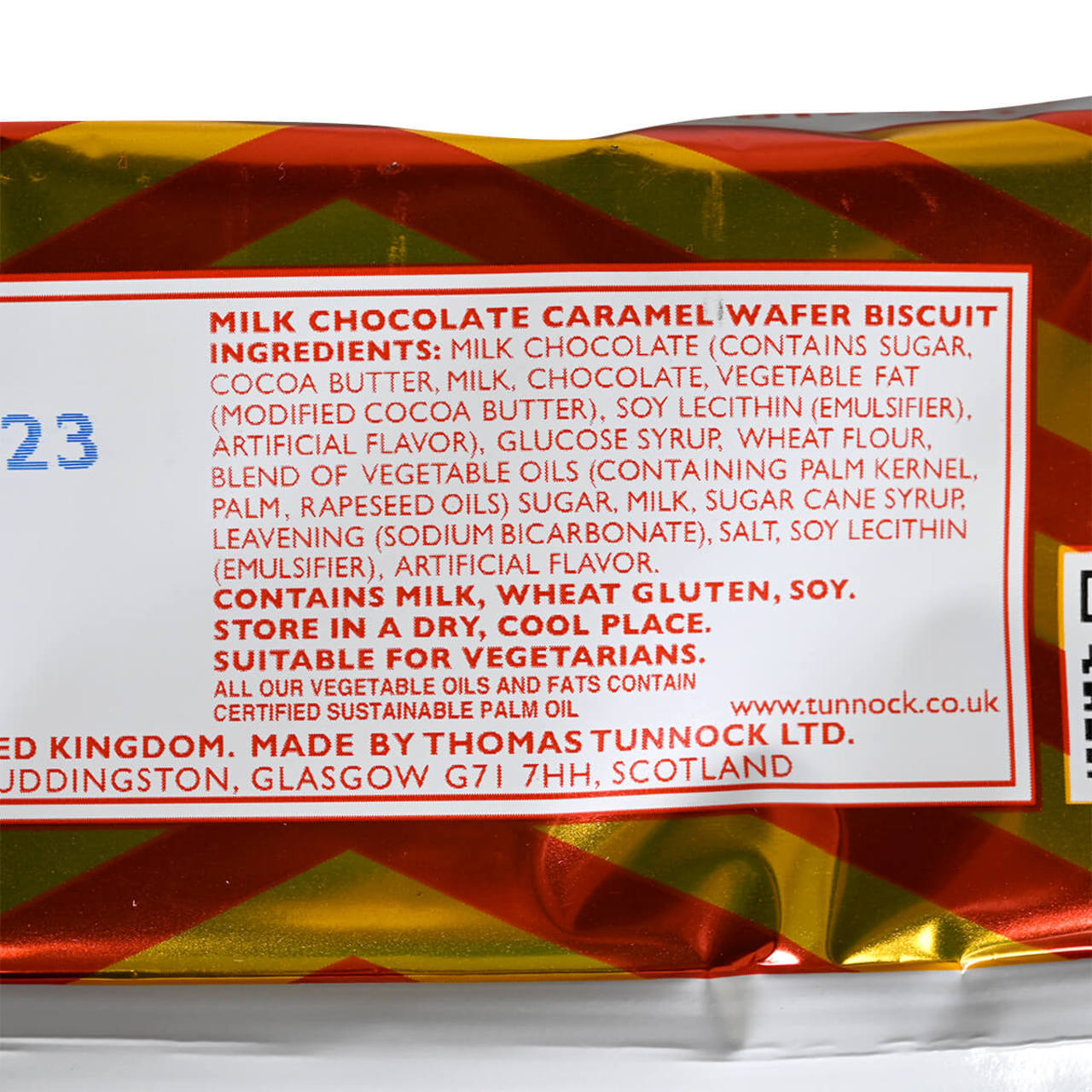 Ingredients listing on a package of Milk Chocolate Caramel Wafer Biscuits