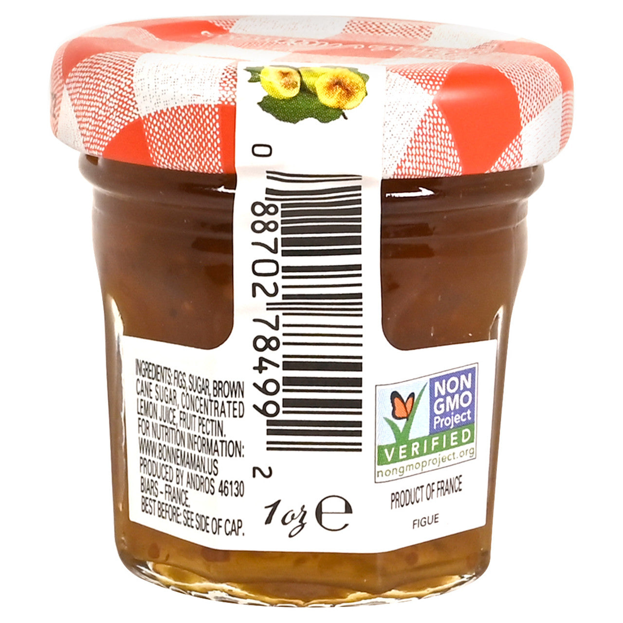 Back of a jar of Bonne Maman Fig Preserves with a red and white checkered lid on a white background