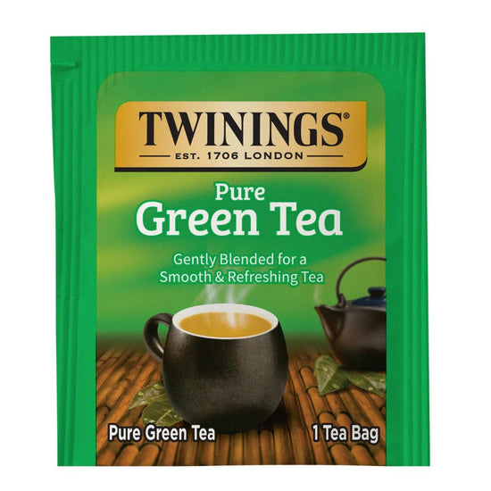 Twinings Pure Green Tea package with a cup and teapot on a green background
