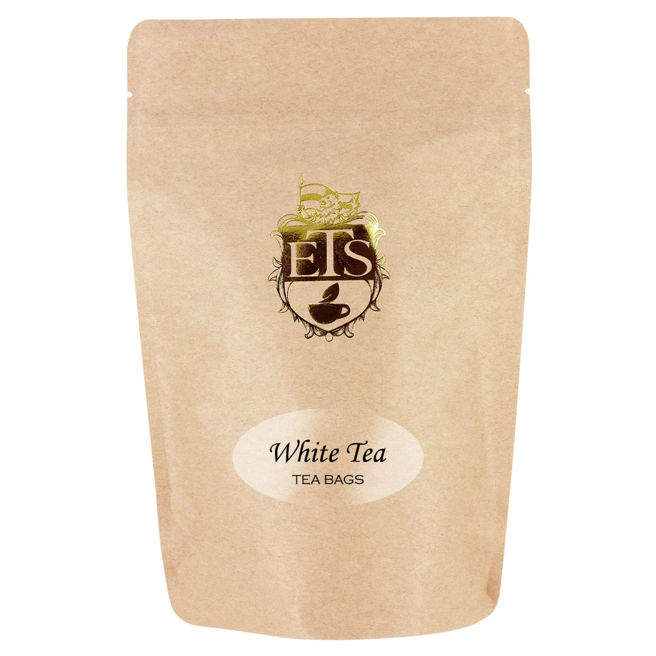 Kraft paper tea bag packaging with 'ETS' logo and 'White Tea' text on a white background
