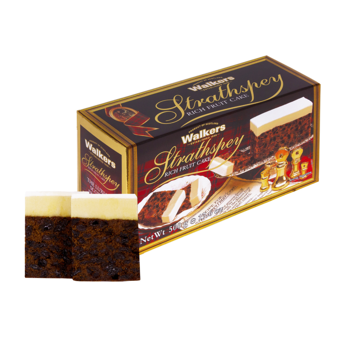 Box of Walkers Fruit cake with two slices on the outside.