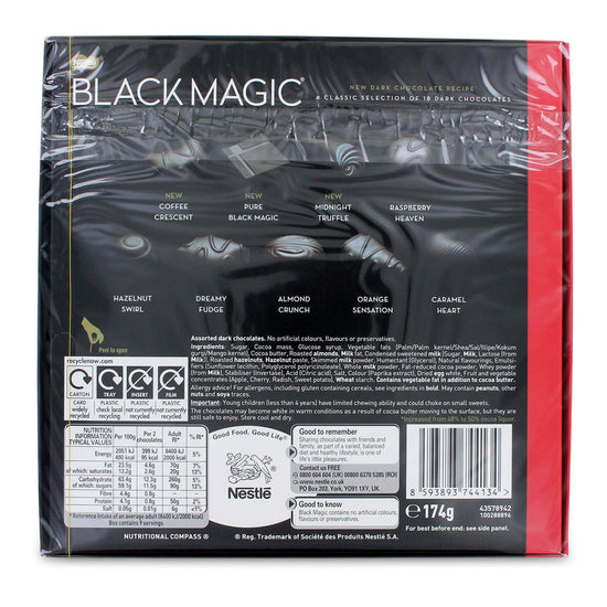 Nestle Black Magic chocolate packaging with a red border featuring the nutrition information.