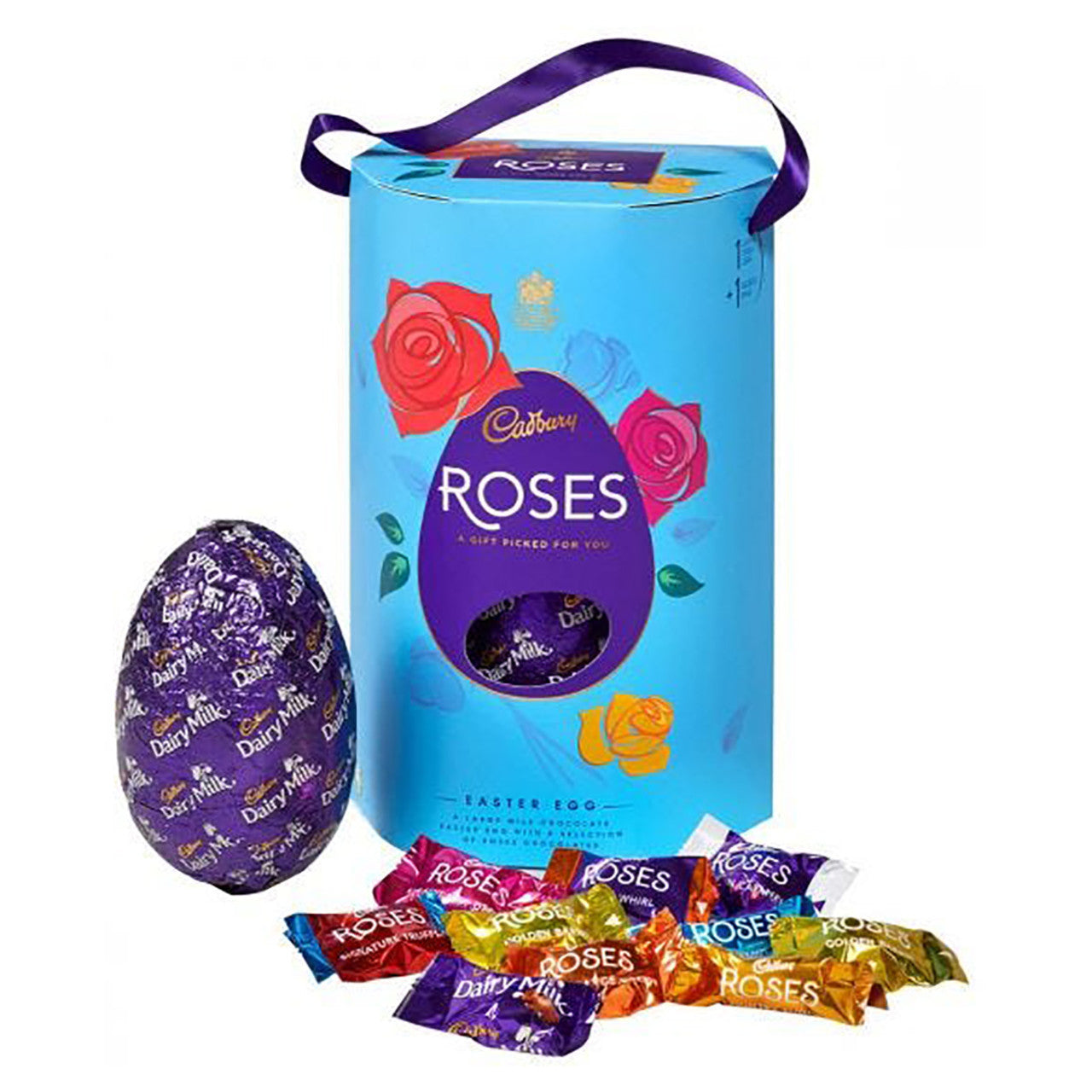 Cadbury Roses Easter Egg packaging with a large purple Easter egg and smaller chocolate bars on a white background.