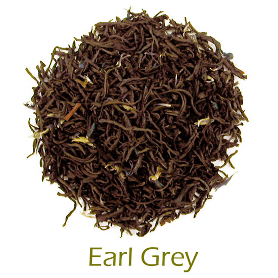 Earl Grey loose-leaf tea on a white background with product title text callout at bottom