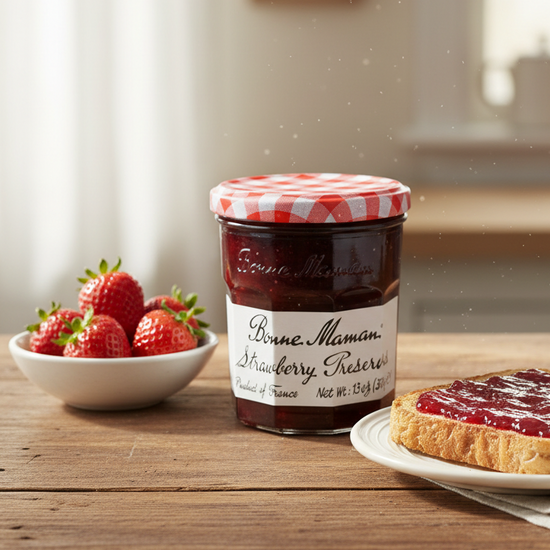 Jar of strawberry preserve with a slice of toast and strawberries on a wooden table.