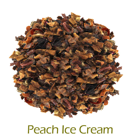 Peach Ice Cream herbal tea ball on a white background with product text callout at the bottom