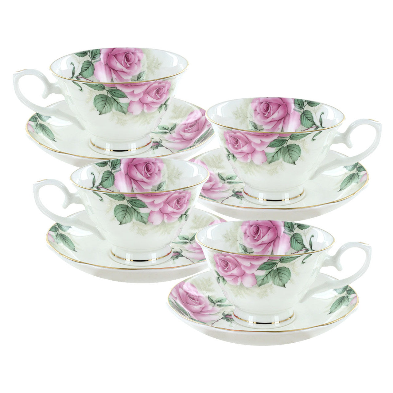 Rose Bouquet Bone China - Cup and Saucer - Set of 4