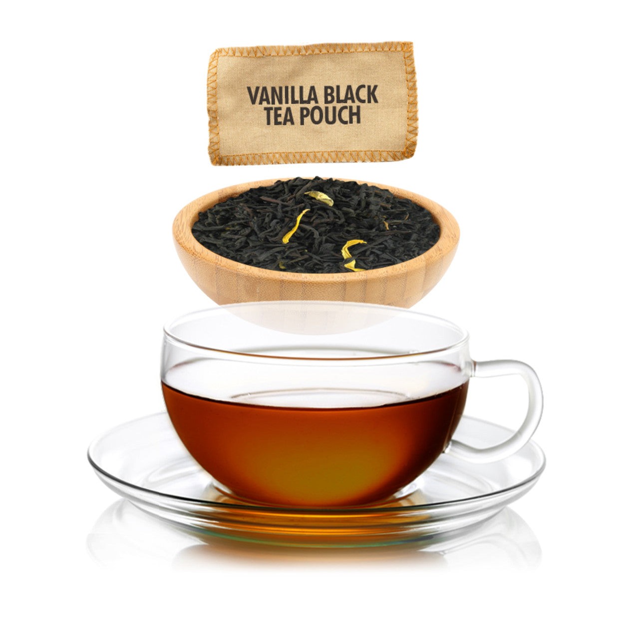 Vanilla black tea pouch with a glass of brewed tea on a white background