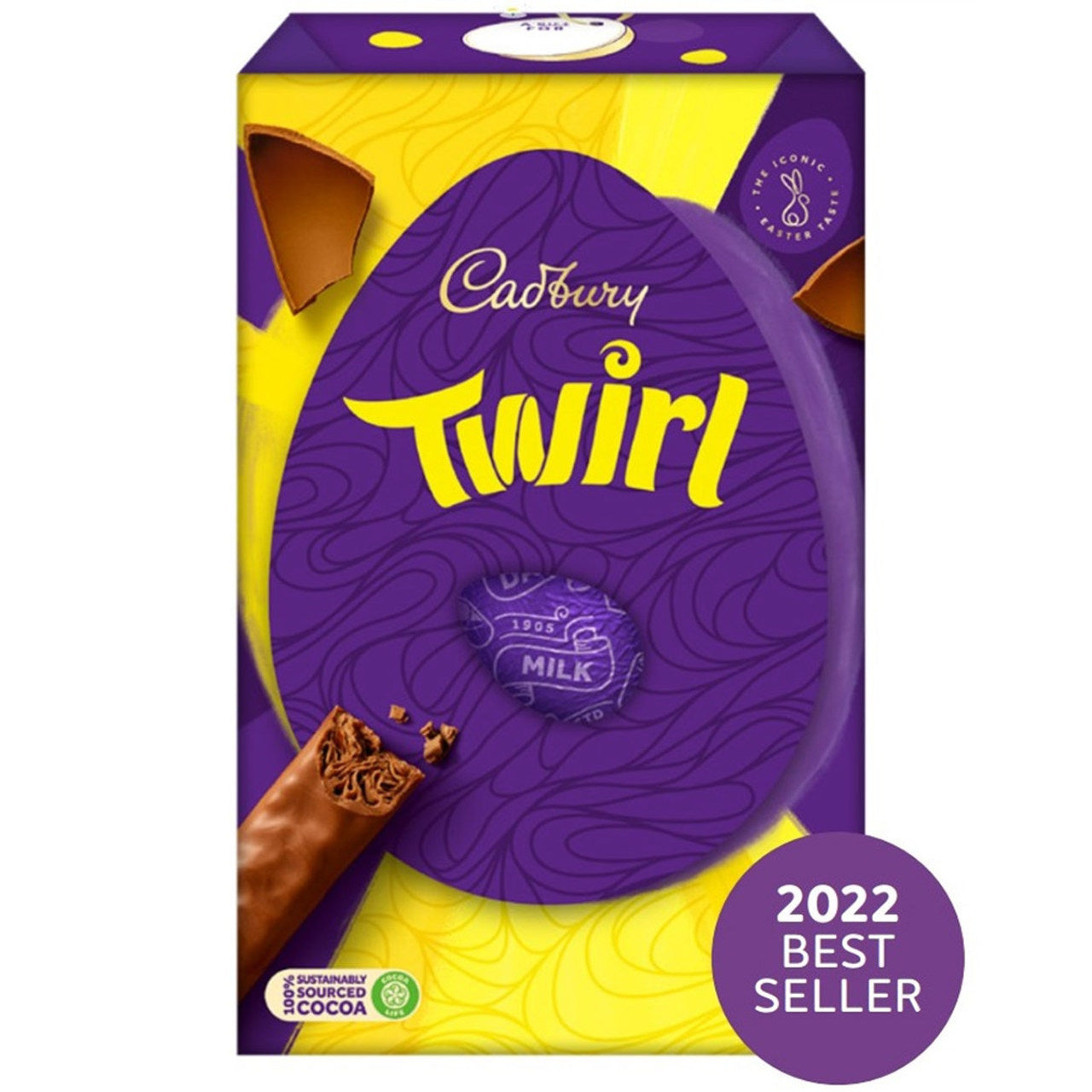 Cadbury Twirl chocolate Easter egg packaging with purple and yellow design