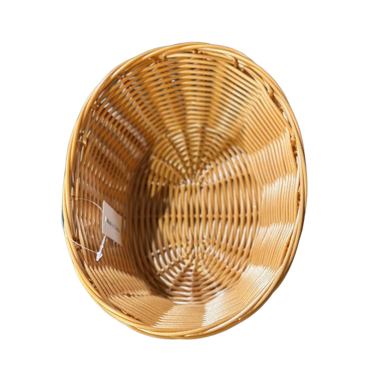 Woven basket with a geometric pattern on a white background
