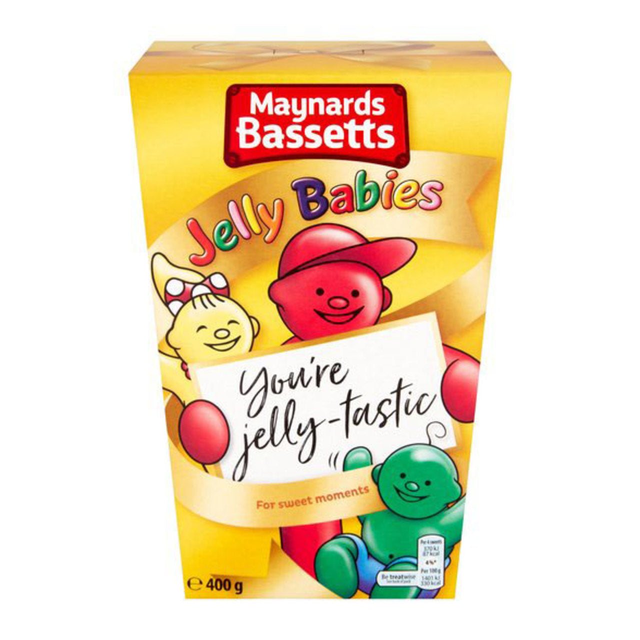 Maynards Bassetts Jelly Babies packaging with colorful characters on a yellow background
