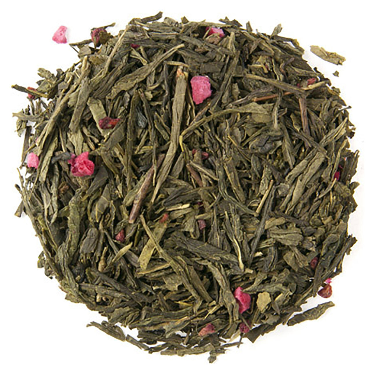 Green tea leaves with pink flowers on a white background