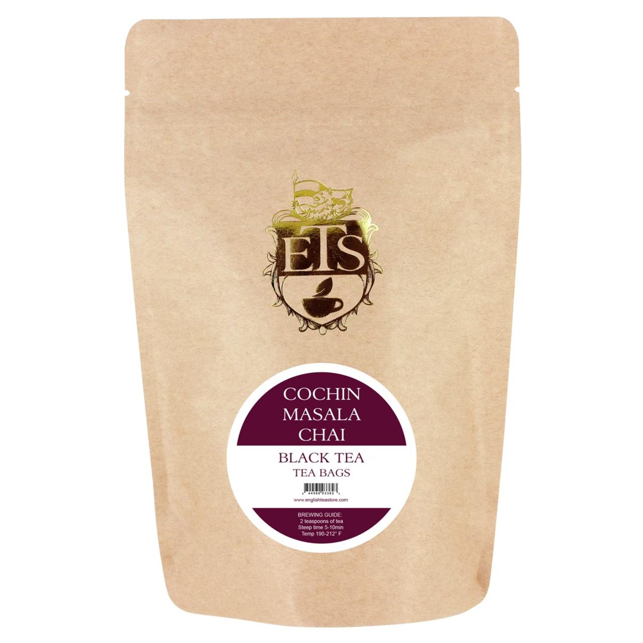 A pouch of Cochin Masala Chai tea bags by The English Tea Store with branding and product name visible.