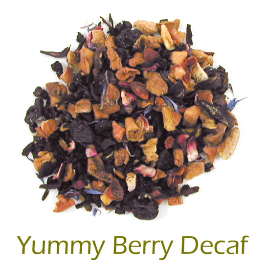 Yummy Berry Decaf loose-leaf tea on a white background with product name caption