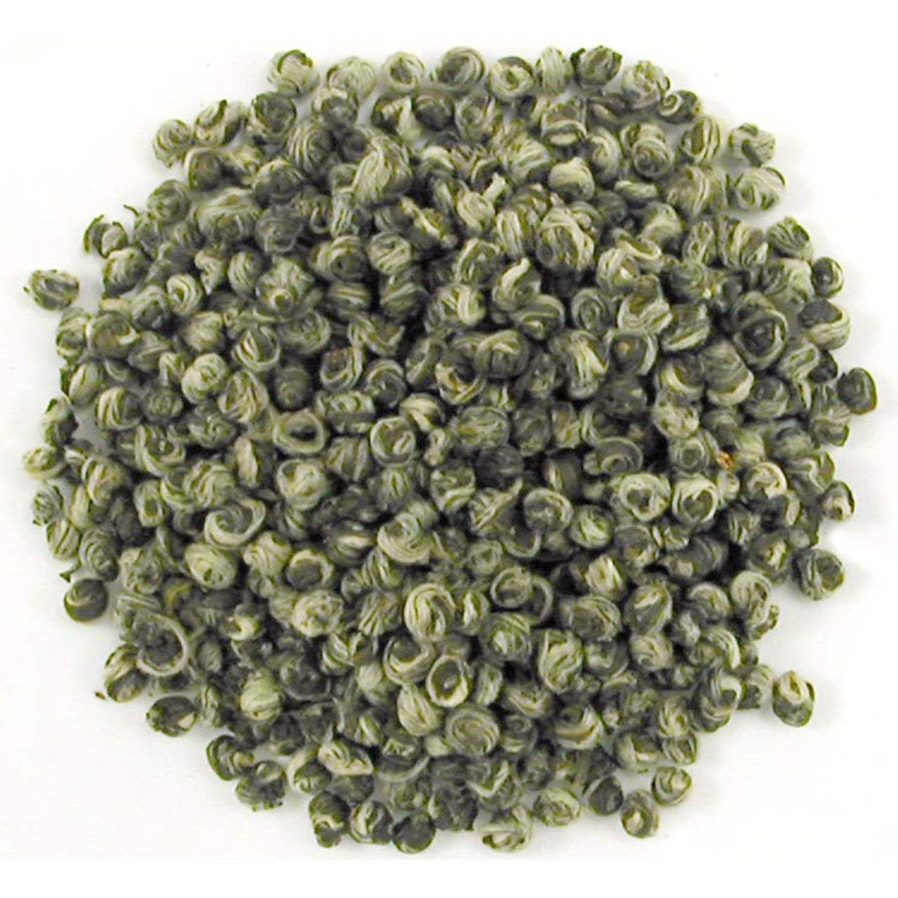 Close-up of dragon tears green tea pearls on a white background