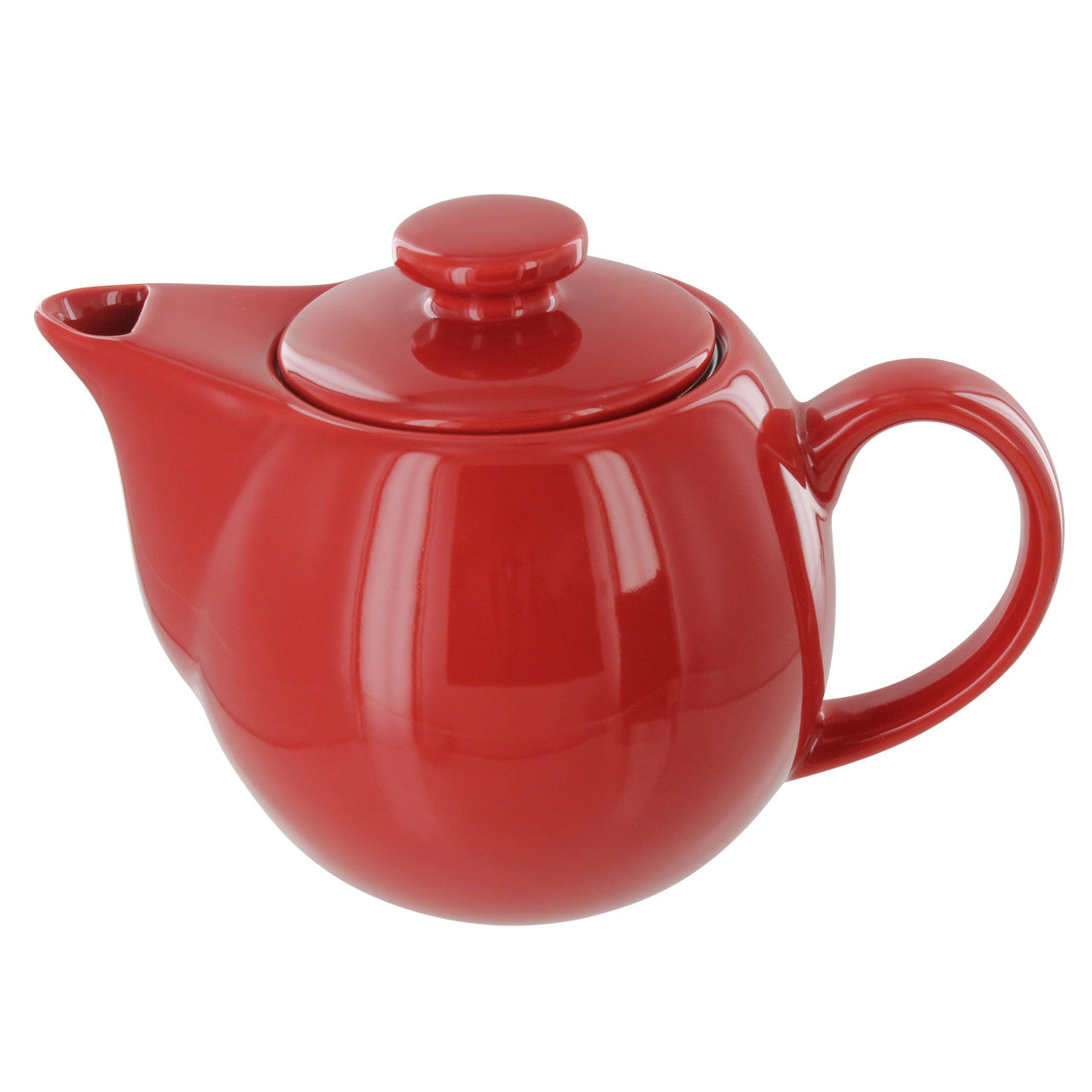Red ceramic teapot with lid on a white background