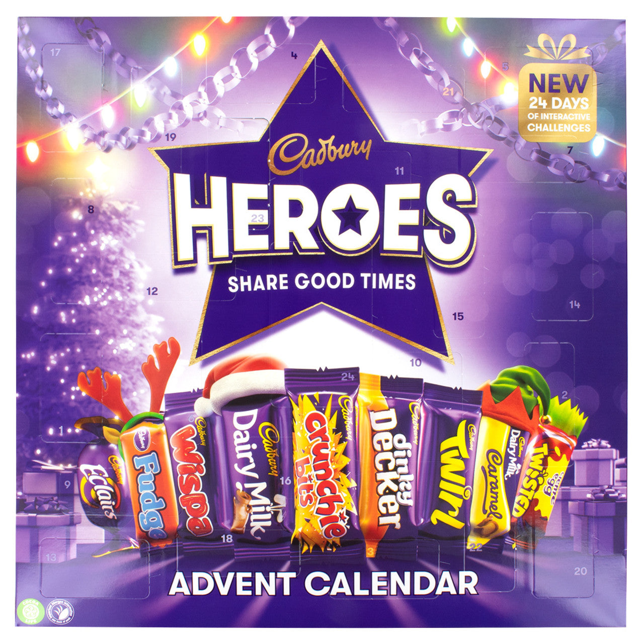 Cadbury Heroes Advent Calendar packaging with colorful candy bars and festive design.