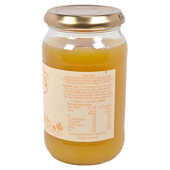 Side view of a jar of Gale's Lemon Curd with a gold lid on a white background