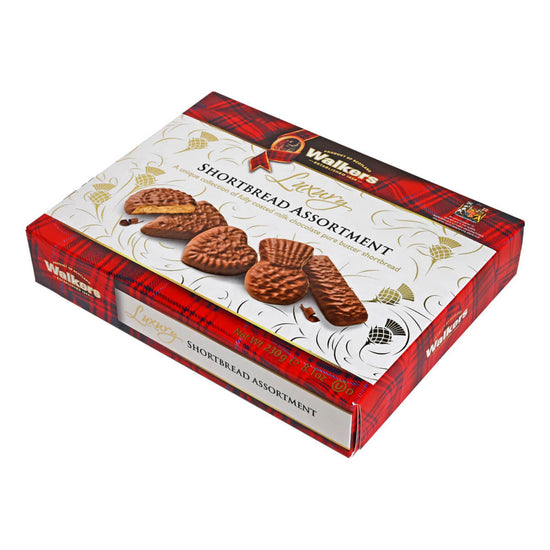 Box of Walkers Luxury Shortbread Assortment with plaid design on a white background