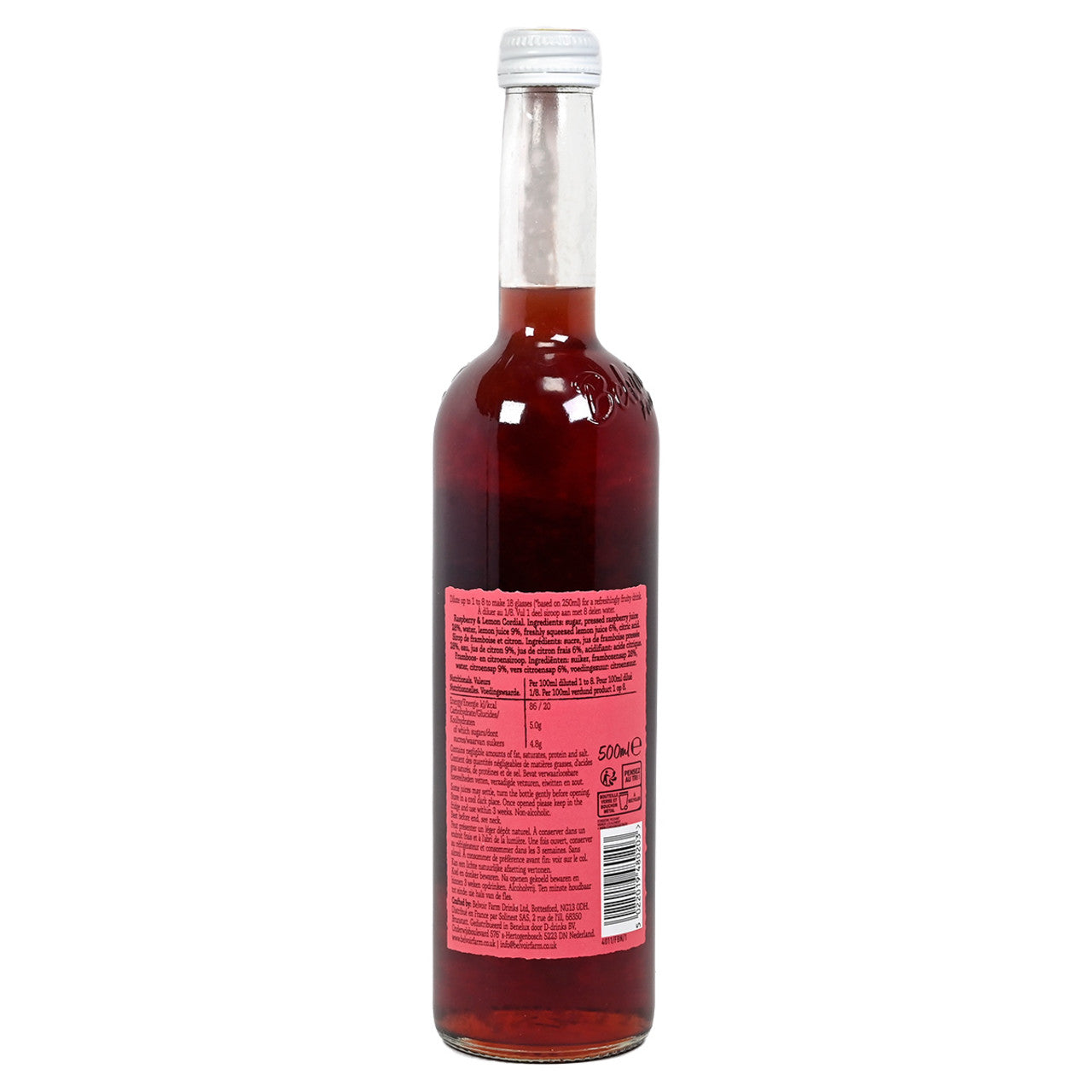Back side of a bottle of Belvoir Farm Raspberry & Lemon Cordial on a white background