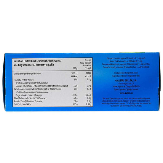 Nutritional information on a box of Gullion Sugar Free biscuits