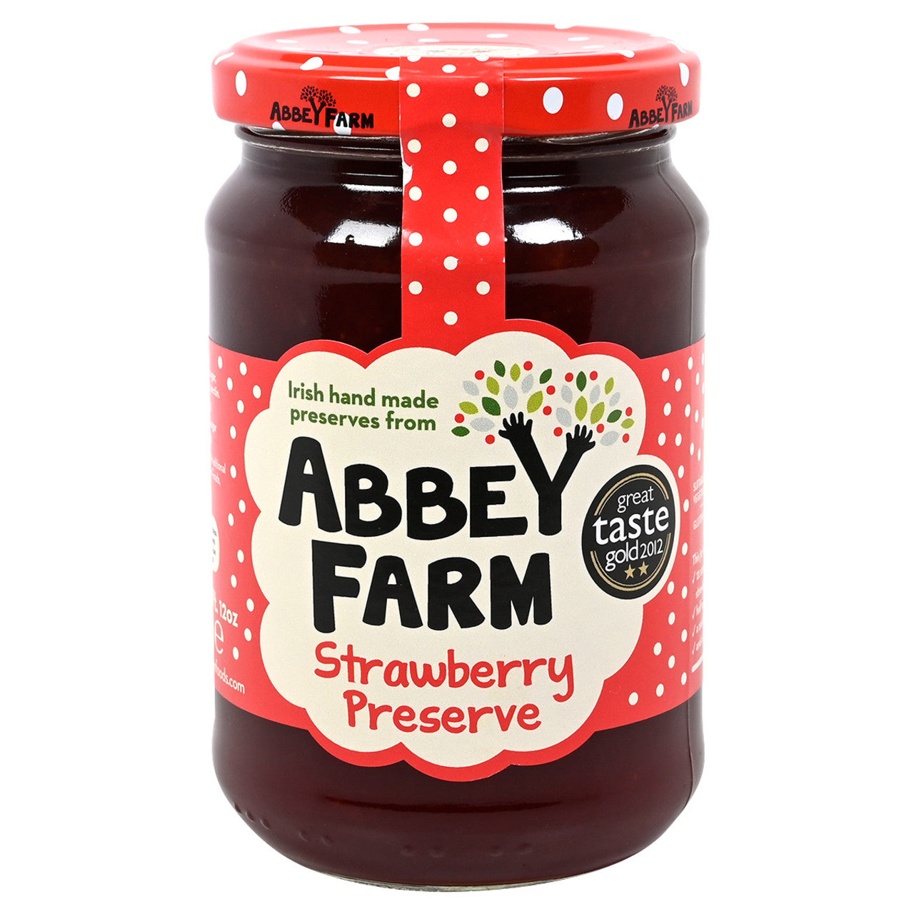 Jar of Abbey Farm Strawberry Preserve with a red lid on a white background