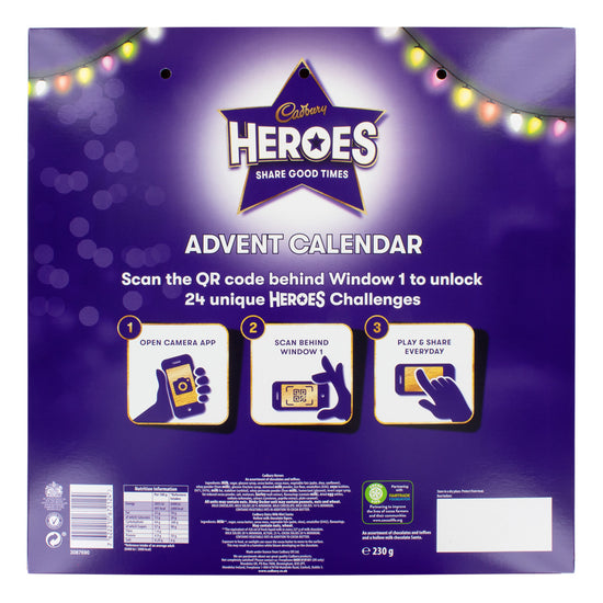 Back of a box of Cadbury Heroes Advent Calendar packaging instruction for a web-based challenge and nutrition information.
