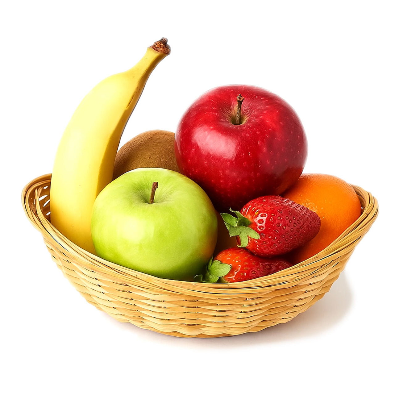 Basket of fruits including apples, bananas, strawberries, and oranges on a white background