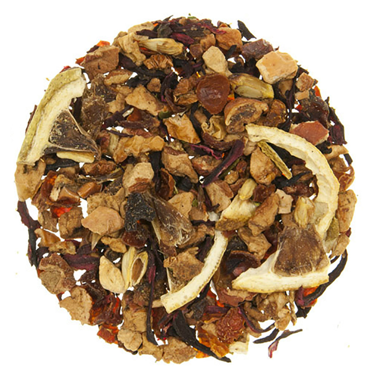 Tea ball with assorted tea leaves and dried citrus pieces on a white background