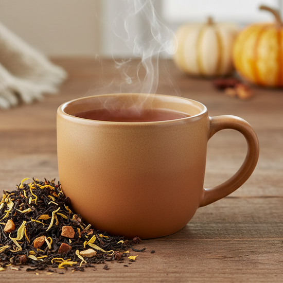 Mug of pumpkin spice tea steaming on a table