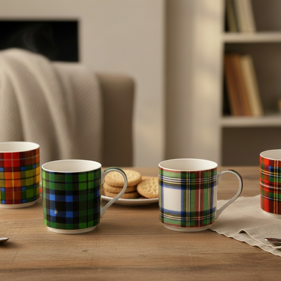 Set of four plaid patterned mugs on a table