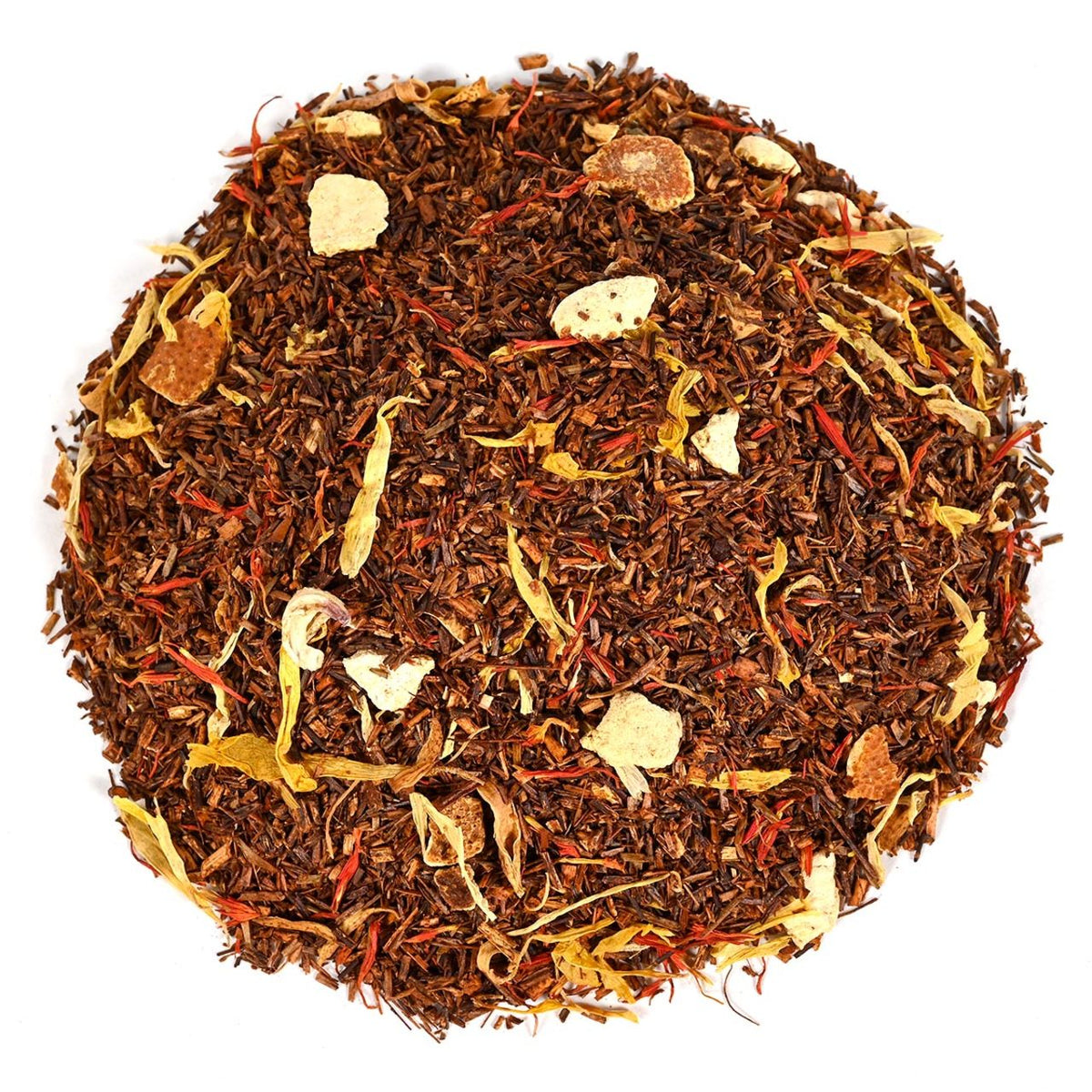 Rooibos tea leaves with visible dried fruit pieces and spices on a white background