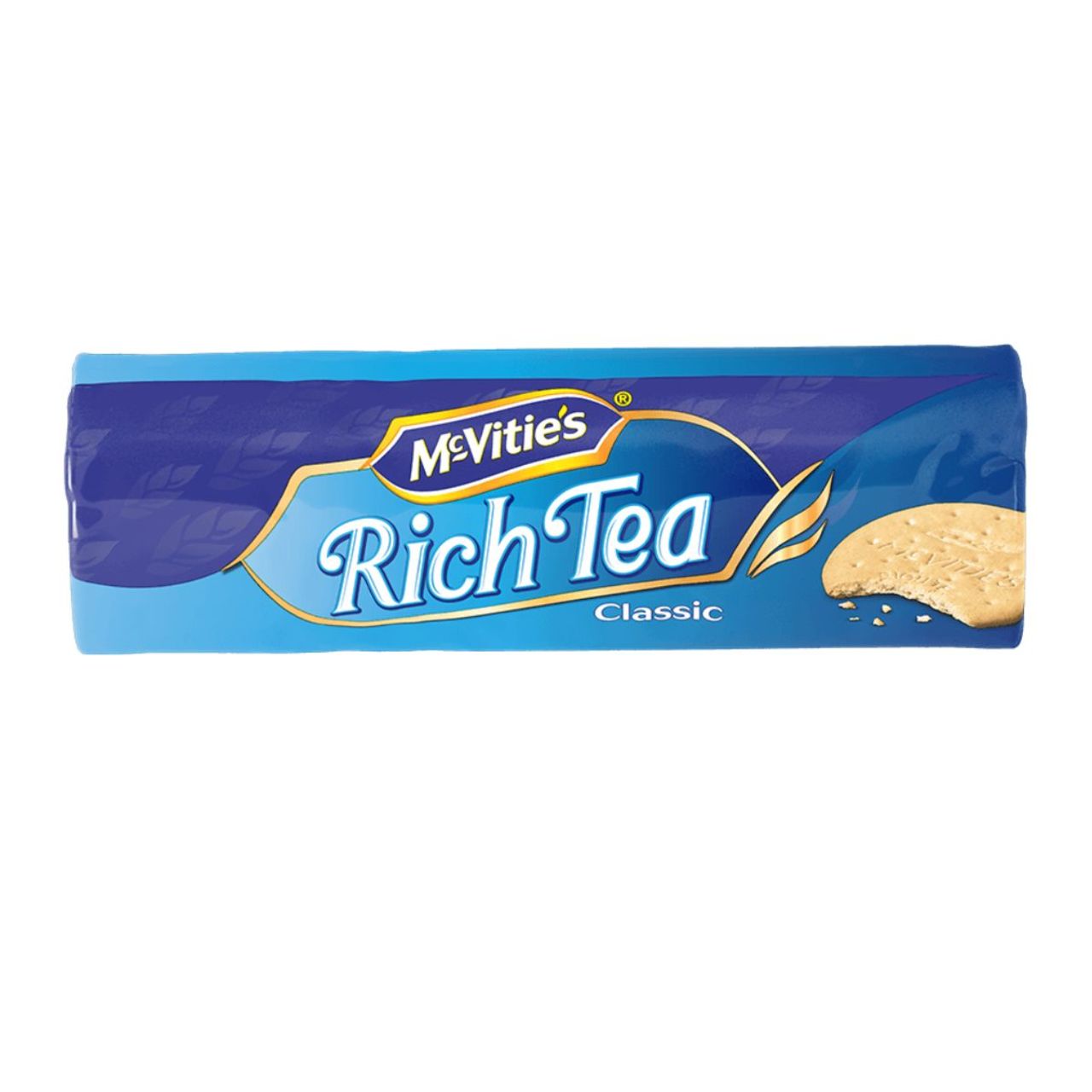 Pack of McVitie's Rich Tea biscuits on a white background