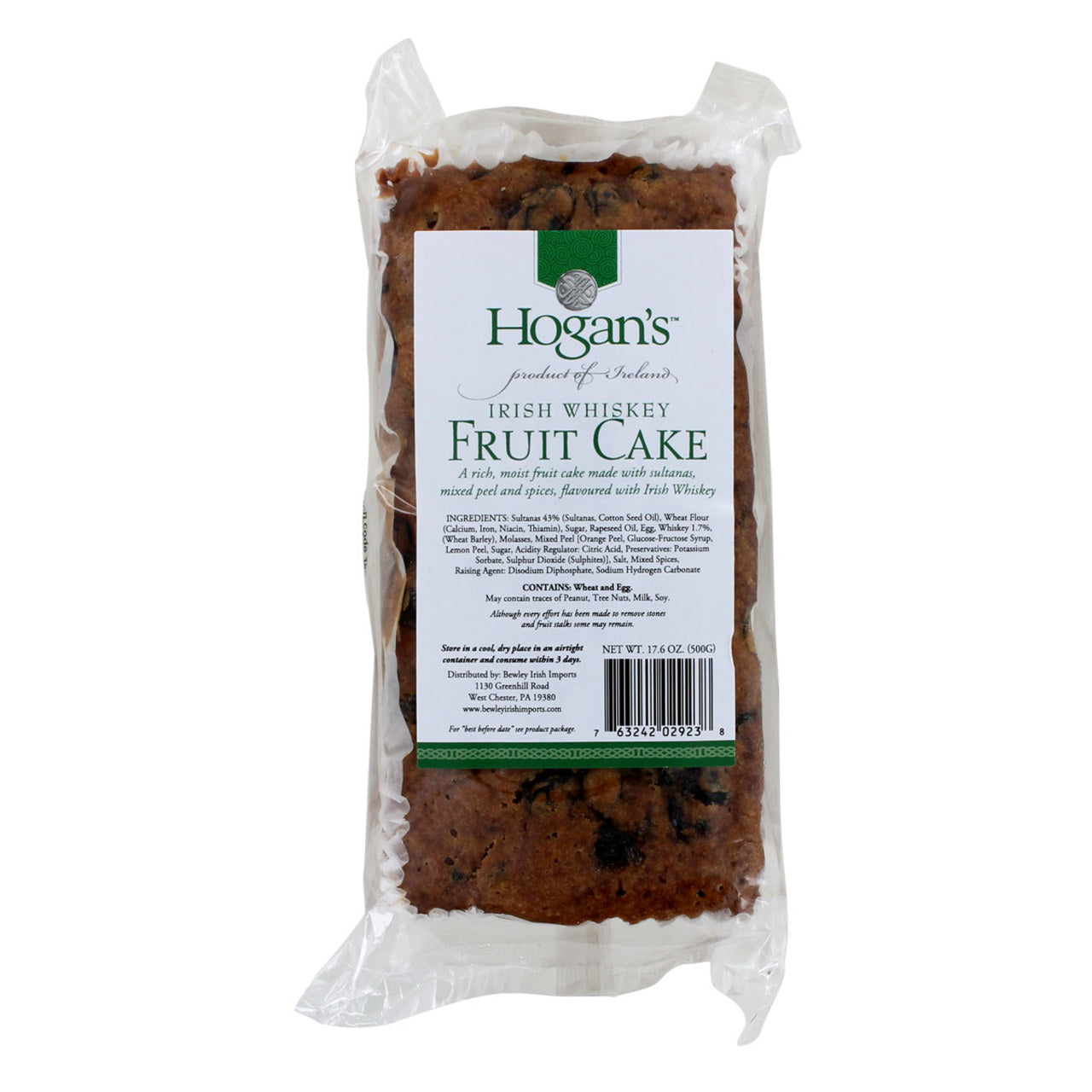 Package of Hogans Irish Whiskey Fruit cake with clear plastic and visible cake inside on a white background.