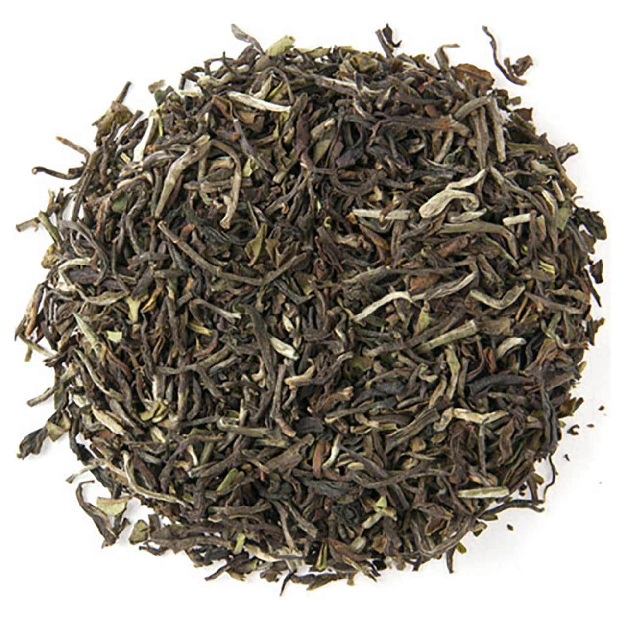 Top down view of dry green tea leaves in a circle pattern on a white background