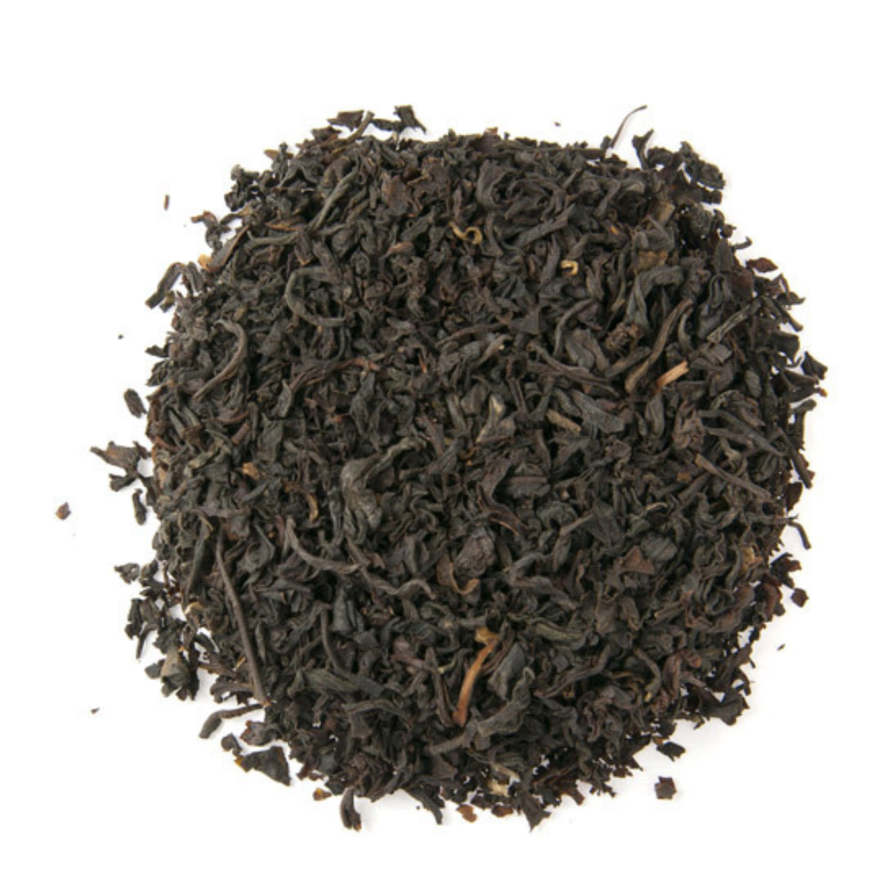 Dry black tea leaves on a white background