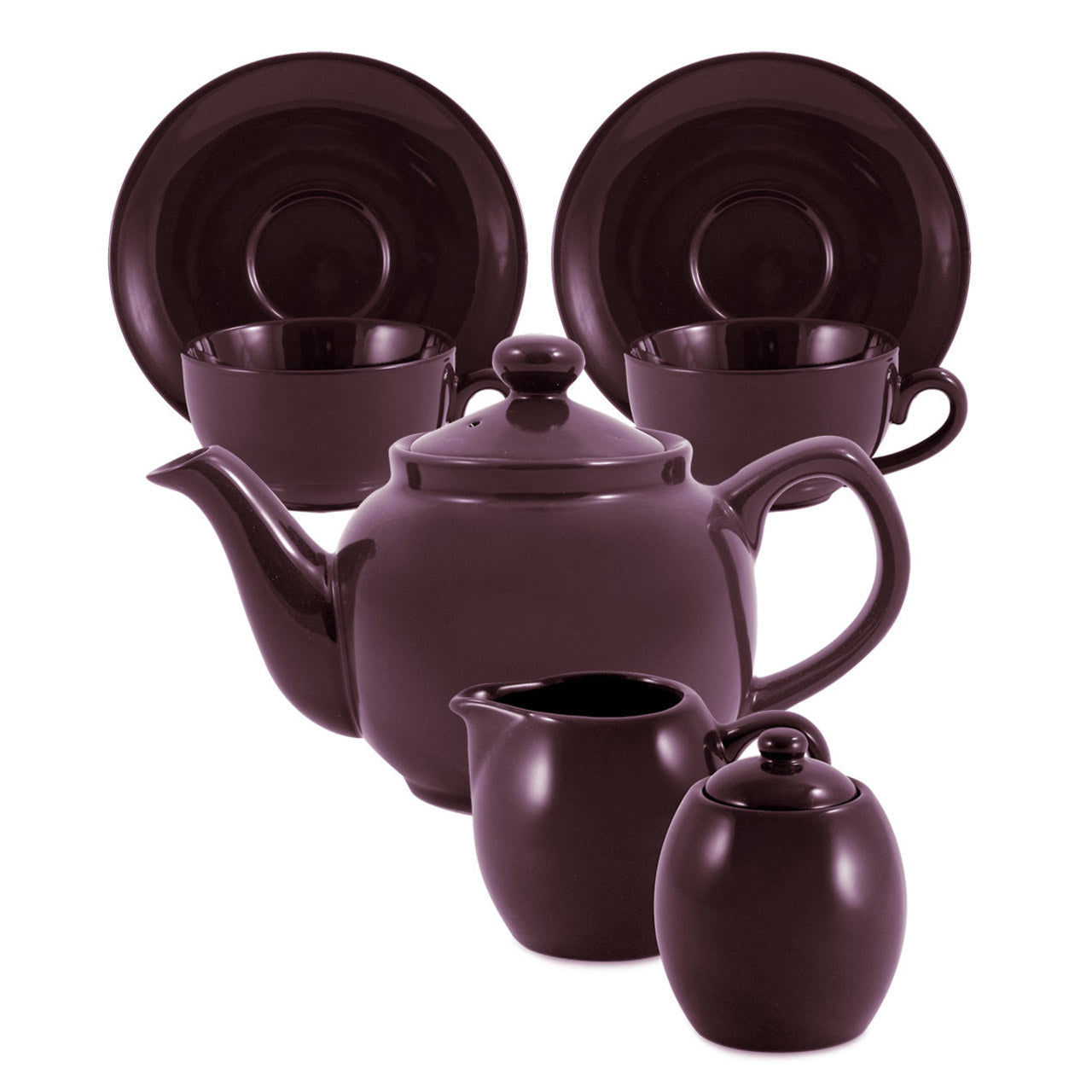 Mauve ceramic tea set with teapot, cups, and sugar bowl on a white background