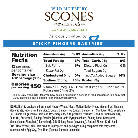 Nutrition label for Wild Blueberry Scones Premium Mix by Sticky Fingers Bakeries