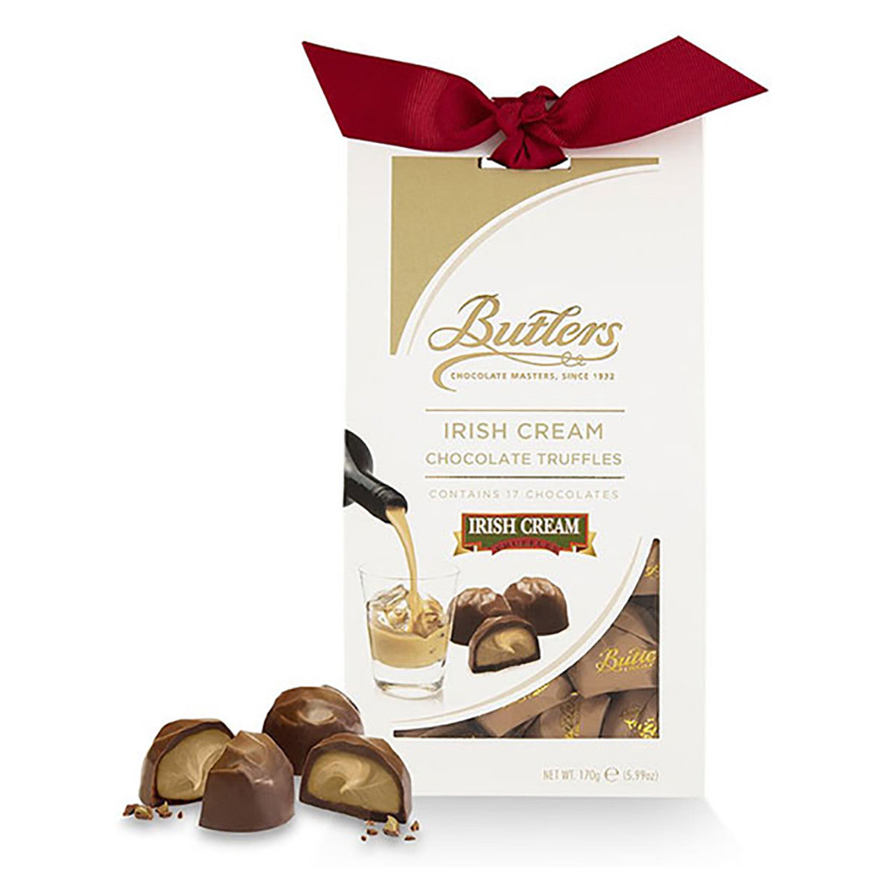 Butlers Irish Cream Chocolate Truffles packaging with a red ribbon on a white background