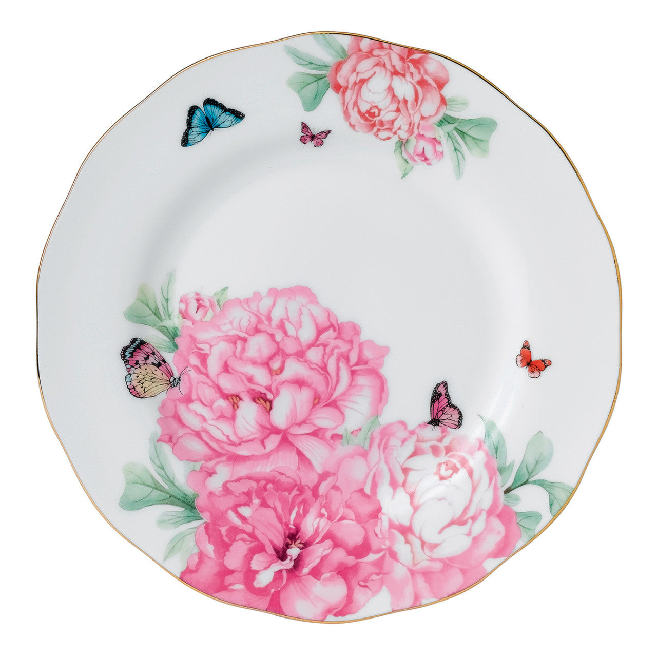 Decorative plate with pink flowers and butterflies on a white background