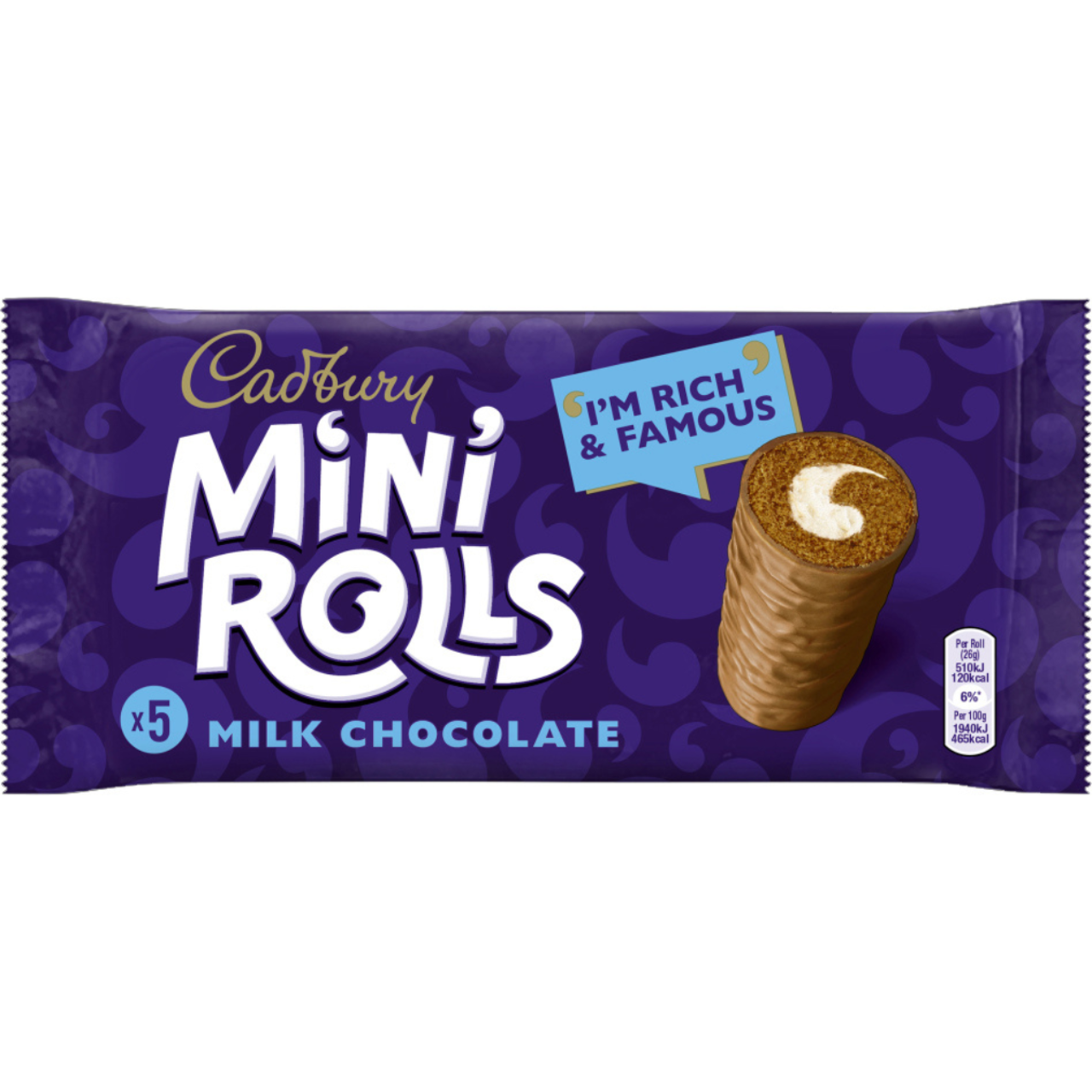 Cadbury Mini Rolls packaging with a purple background