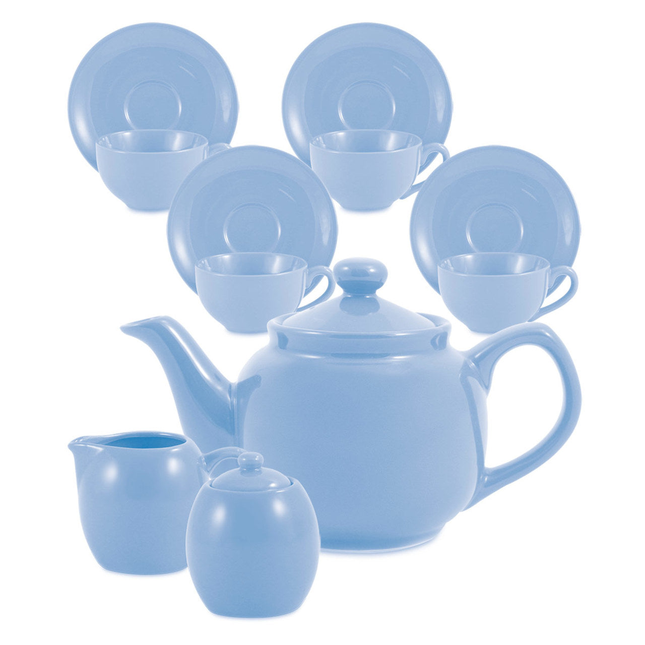 Blue ceramic tea set with teapot, cups, and sugar bowl on a white background