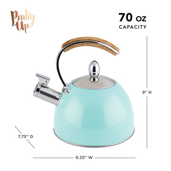 Blue tea kettle with wood handle featuring dimension information on the white background