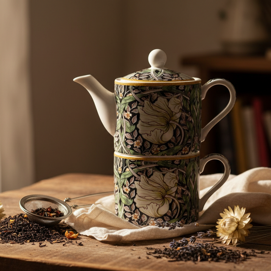 Decorative teapot with floral patterns on a table with loose tea.